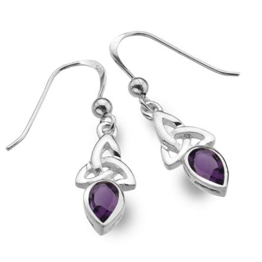 A pair of sterling silver dangle earrings with Celtic knot designs and teardrop-shaped purple amethyst gemstones, shown on a clean white background.