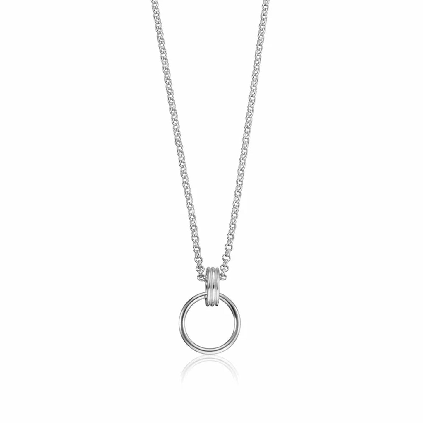 Silver necklace with a circular pendant on a white background