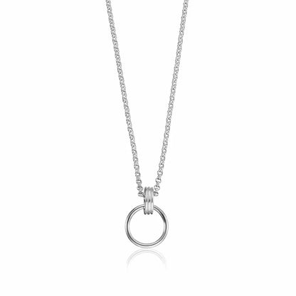 Silver necklace with a circular pendant on a white background