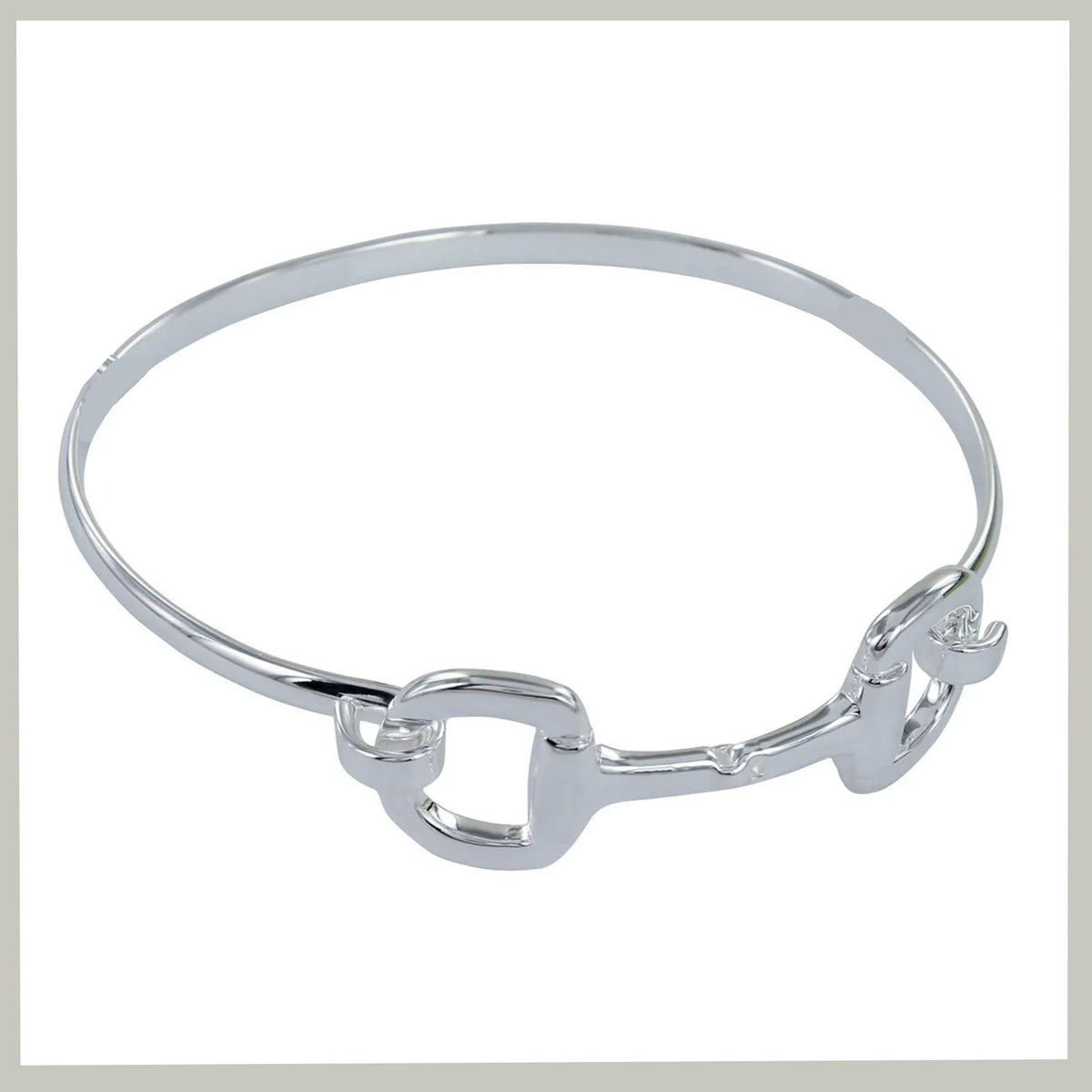 A polished silver-tone silver bangle bracelet with a decorative openwork connector at the front, shown on a plain white background.