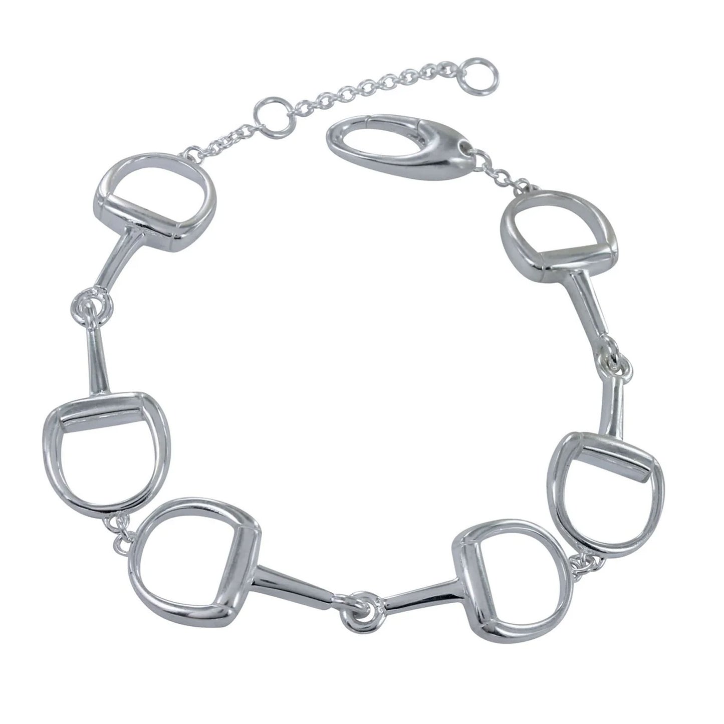 A silver horse bit bracelet featuring polished horse bit links connected by a delicate chain with a lobster clasp, shown on a plain white background.