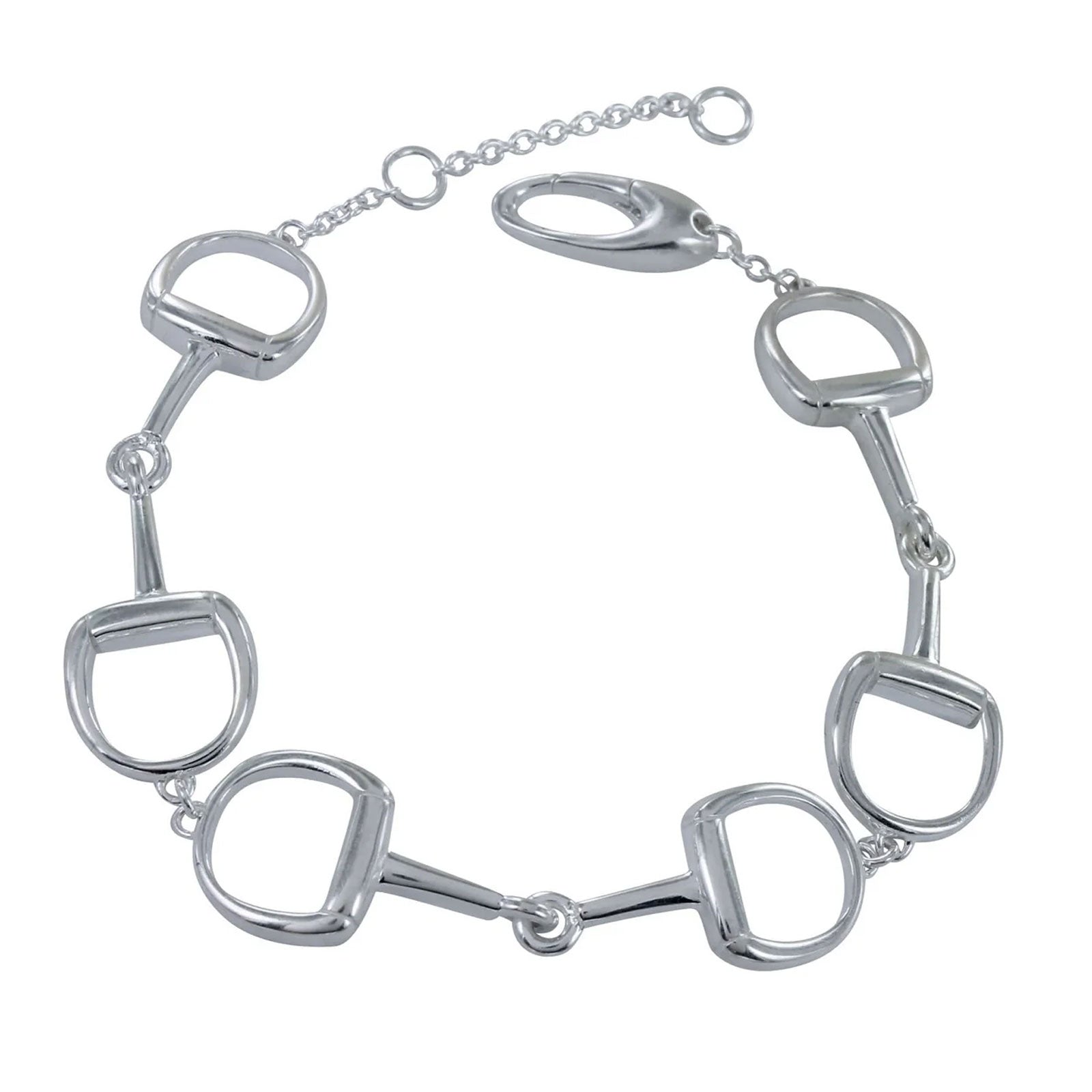 A silver horse bit bracelet featuring polished horse bit links connected by a delicate chain with a lobster clasp, shown on a plain white background.