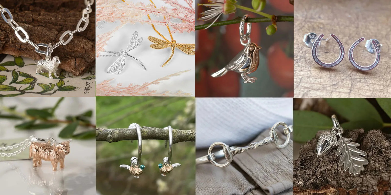 A collage of nine close-up photos showing sterling silver country and animal jewellery charms and earrings, including a cow pendant, dragonfly, bird, hoop earrings, animal-shaped earrings, and leaf charms, each photographed with natural materials in the background.