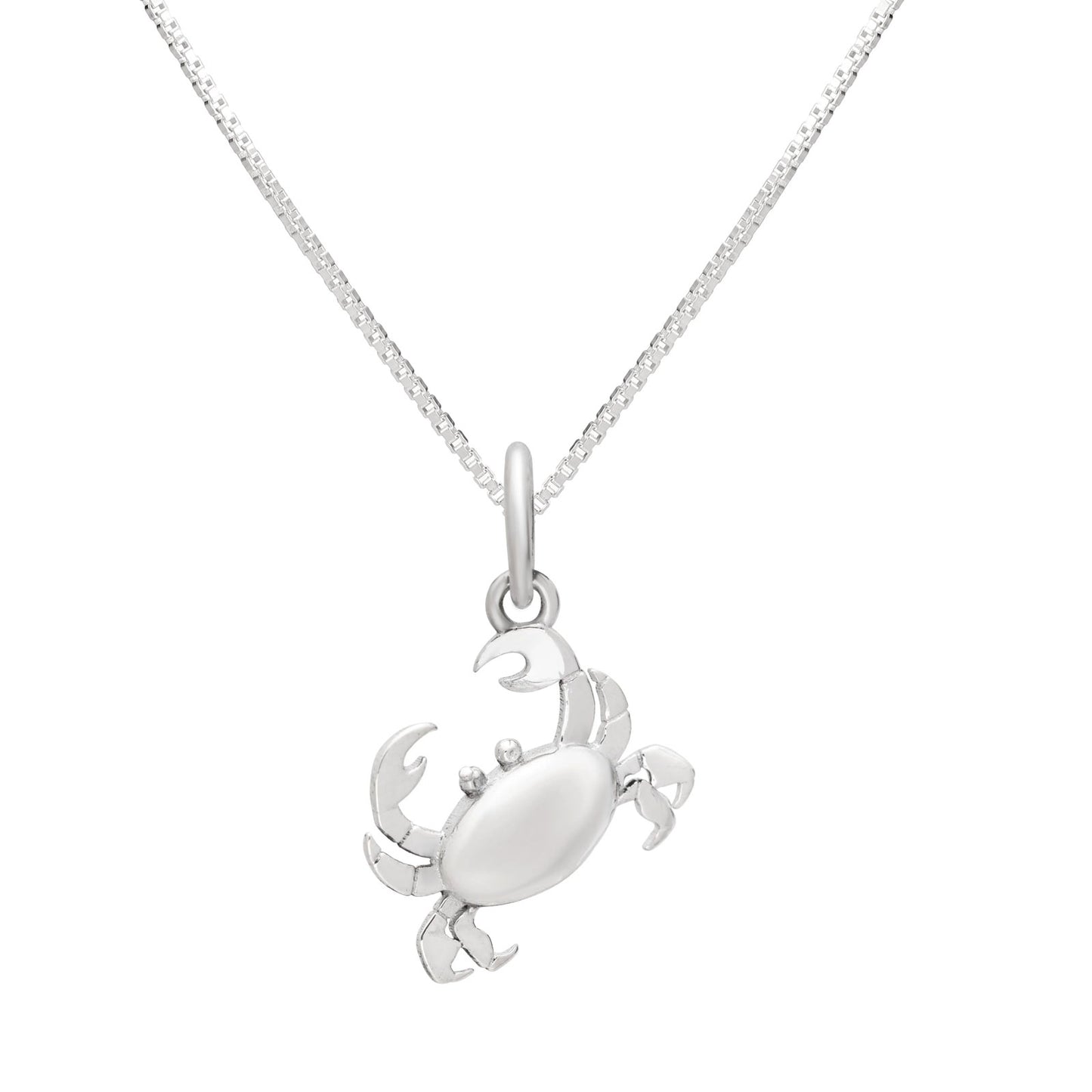 A silver  crab pendant necklace on a delicate silver chain, shown against a plain white background.