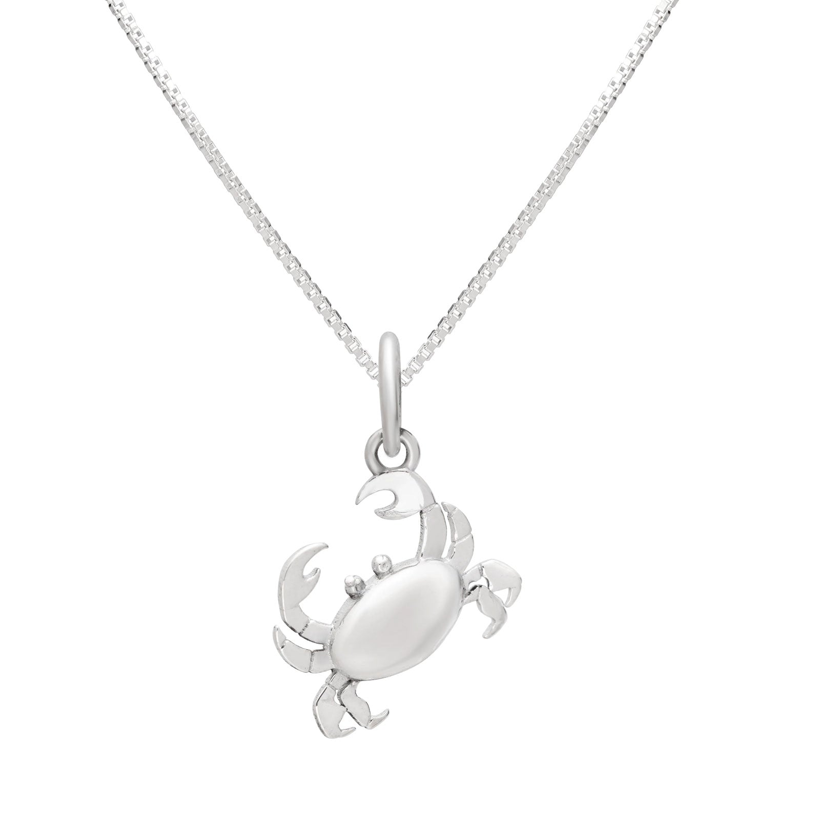 A silver  crab pendant necklace on a delicate silver chain, shown against a plain white background.