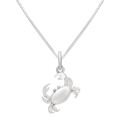A silver  crab pendant necklace on a delicate silver chain, shown against a plain white background.