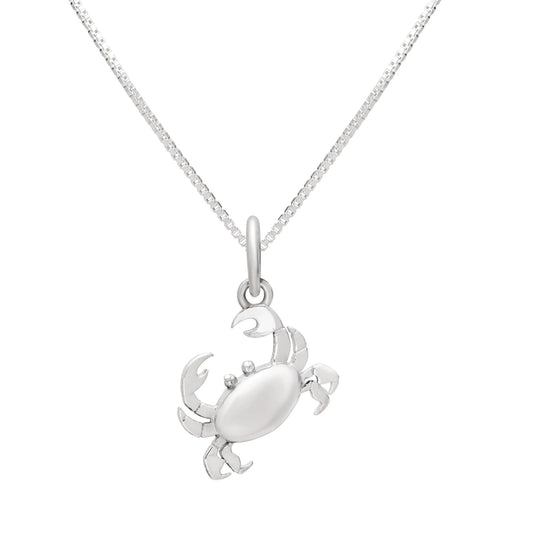 A silver  crab pendant necklace on a delicate silver chain, shown against a plain white background.