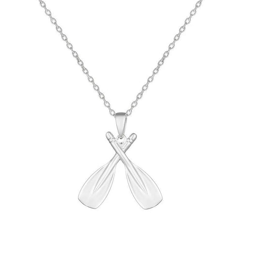 A silver necklace featuring a pendant shaped like two crossed oars, displayed against a solid white background.