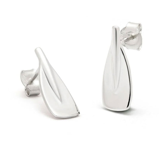 A pair of polished silver oar stud earrings with flat, curved surfaces and butterfly backings, shown on a clean white background.