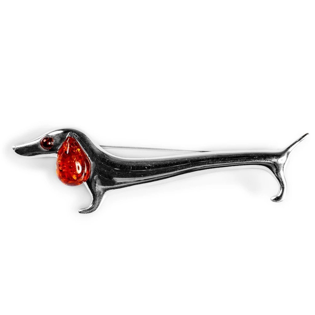 Dachshund Dog Silver & Amber Brooch - Cotswold Jewellery