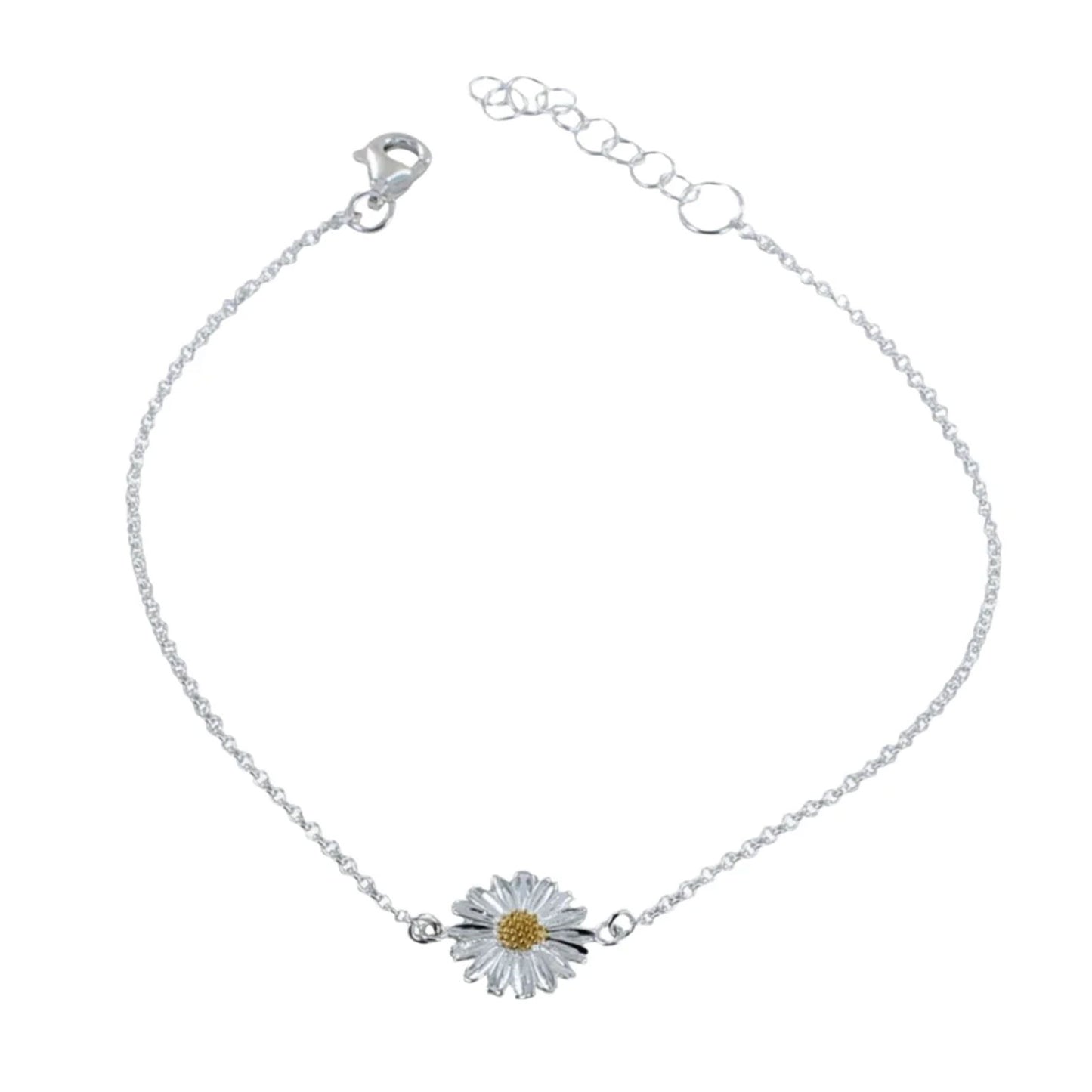 Silver bracelet with a daisy charm on a white background