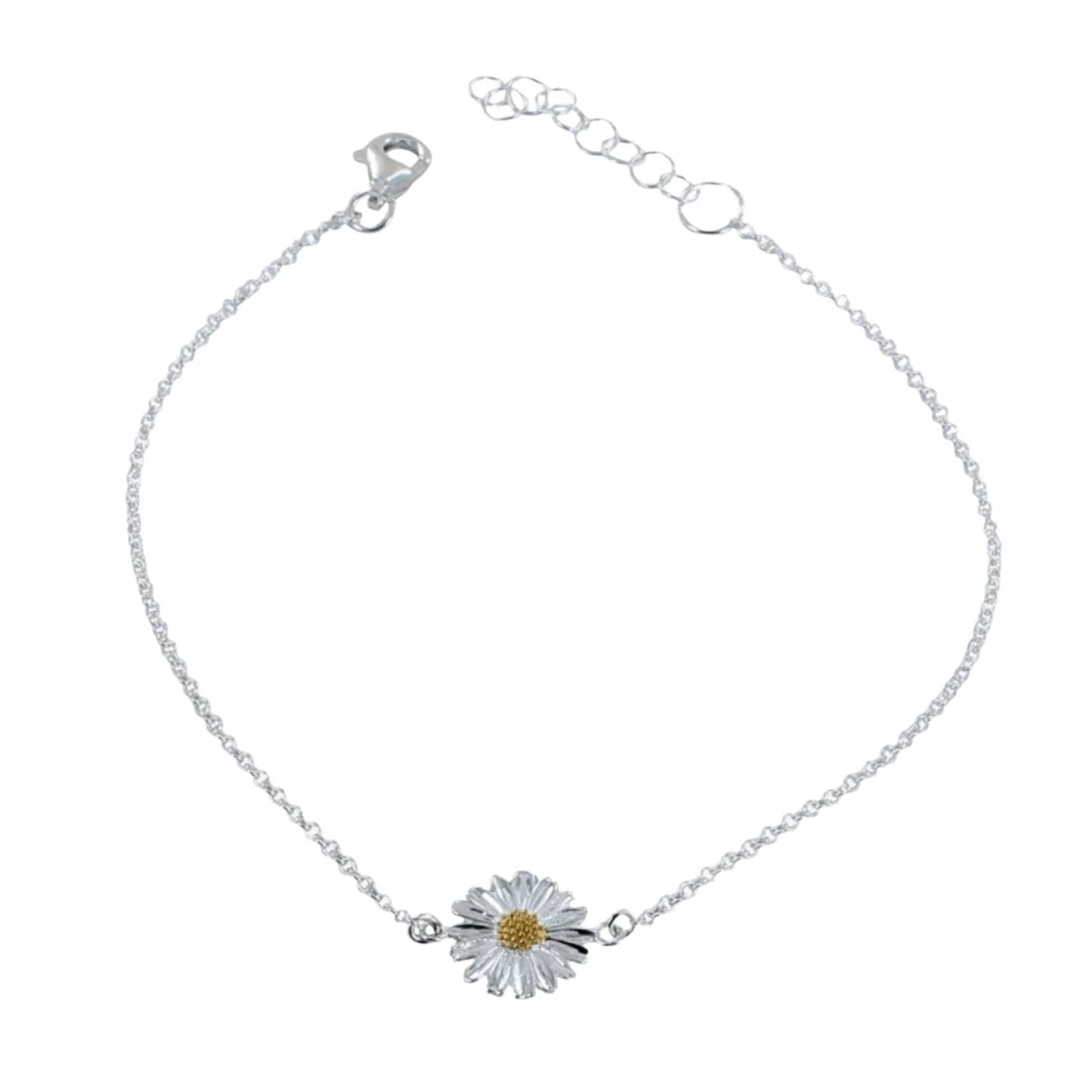 Silver bracelet with a daisy charm on a white background