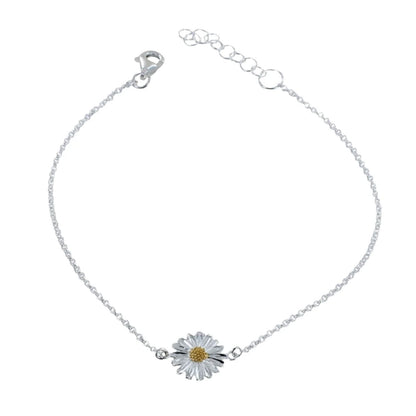 Silver bracelet with a daisy charm on a white background