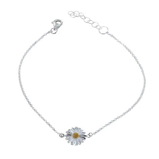 Silver bracelet with a daisy charm on a white background