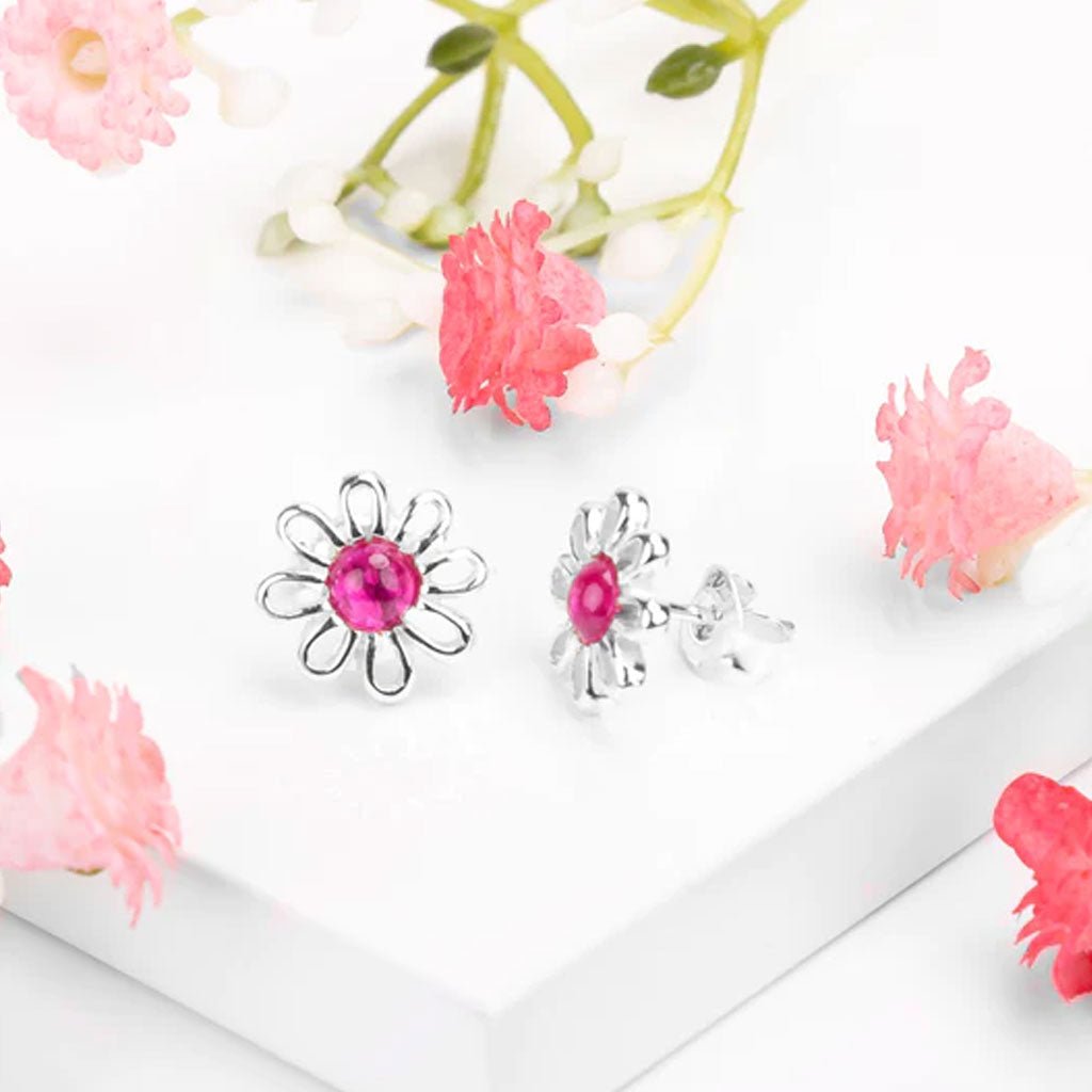 Daisy Earrings Sterling Silver & Ruby - Cotswold Jewellery