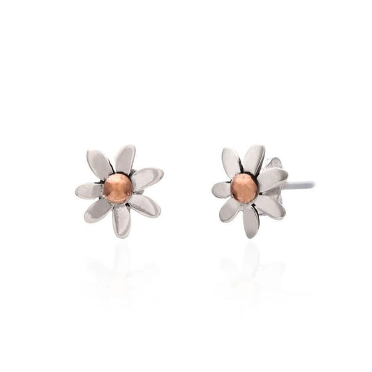 Pair of flower-shaped earrings with rose gold center on a white background