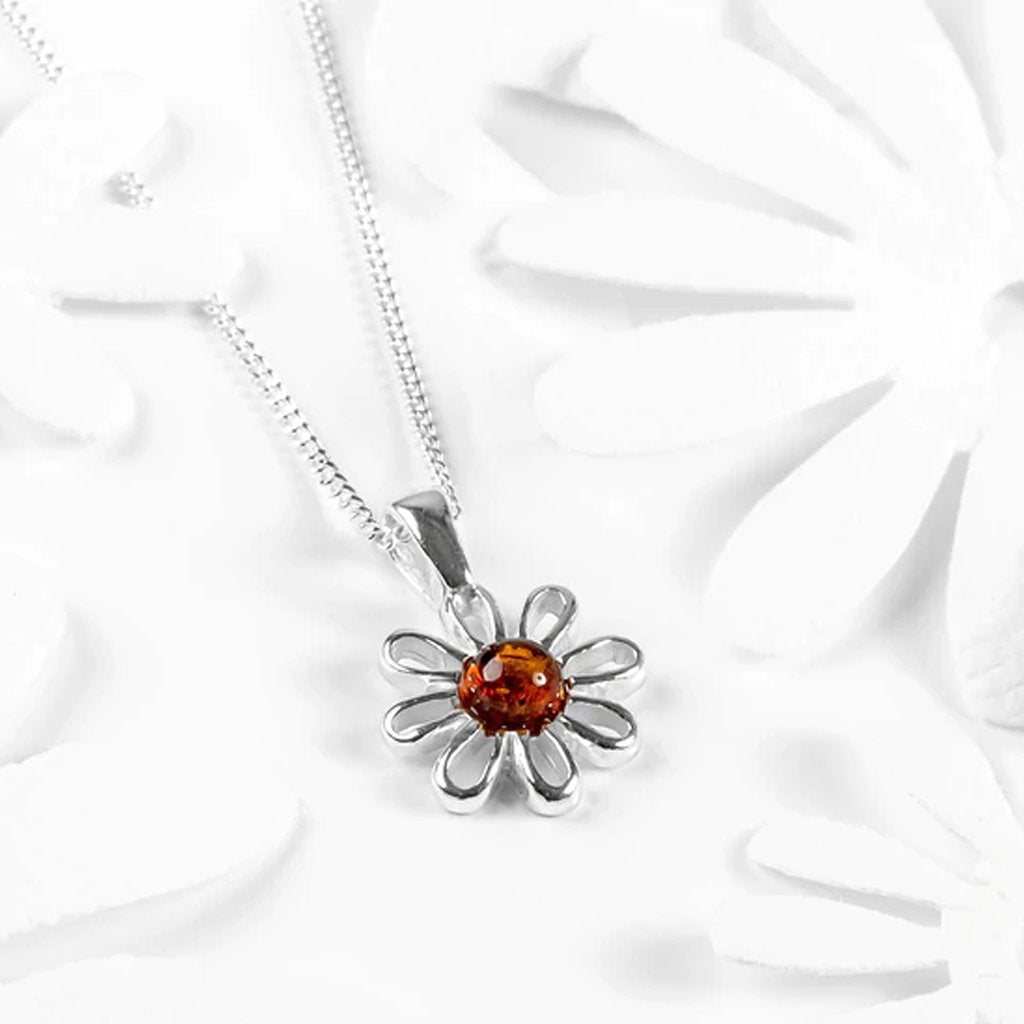 Daisy Necklace Sterling Silver & Cognac Amber - Cotswold Jewellery