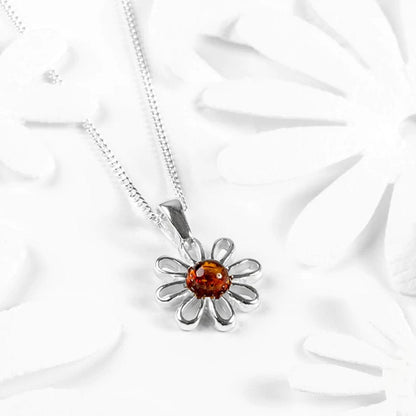 Daisy Necklace Sterling Silver & Cognac Amber - Cotswold Jewellery