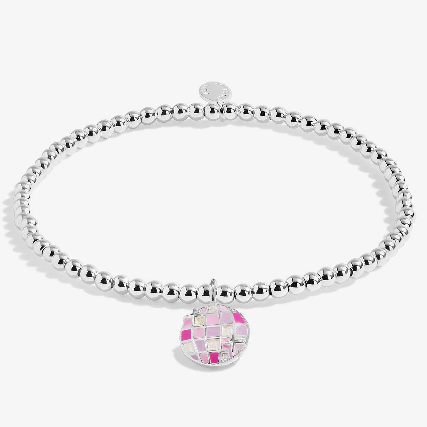 A silver beaded bracelet with a round disco ball charm featuring pink, white, and silver checkered tiles, shown on a light gray background.