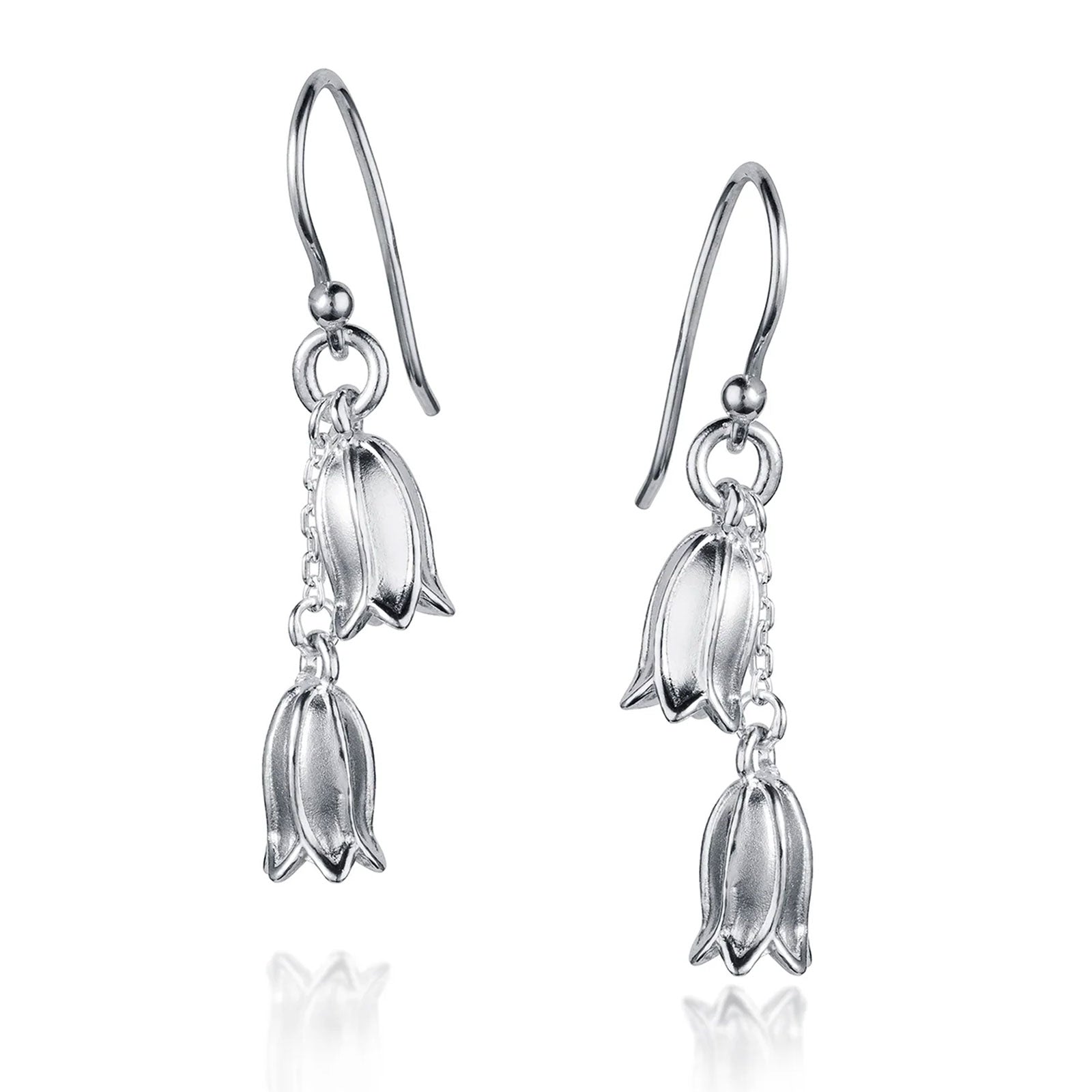 Silver floral earrings on a white background