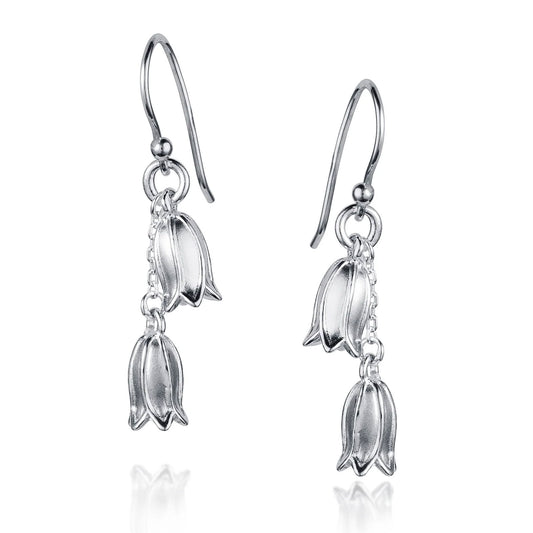 Silver floral earrings on a white background