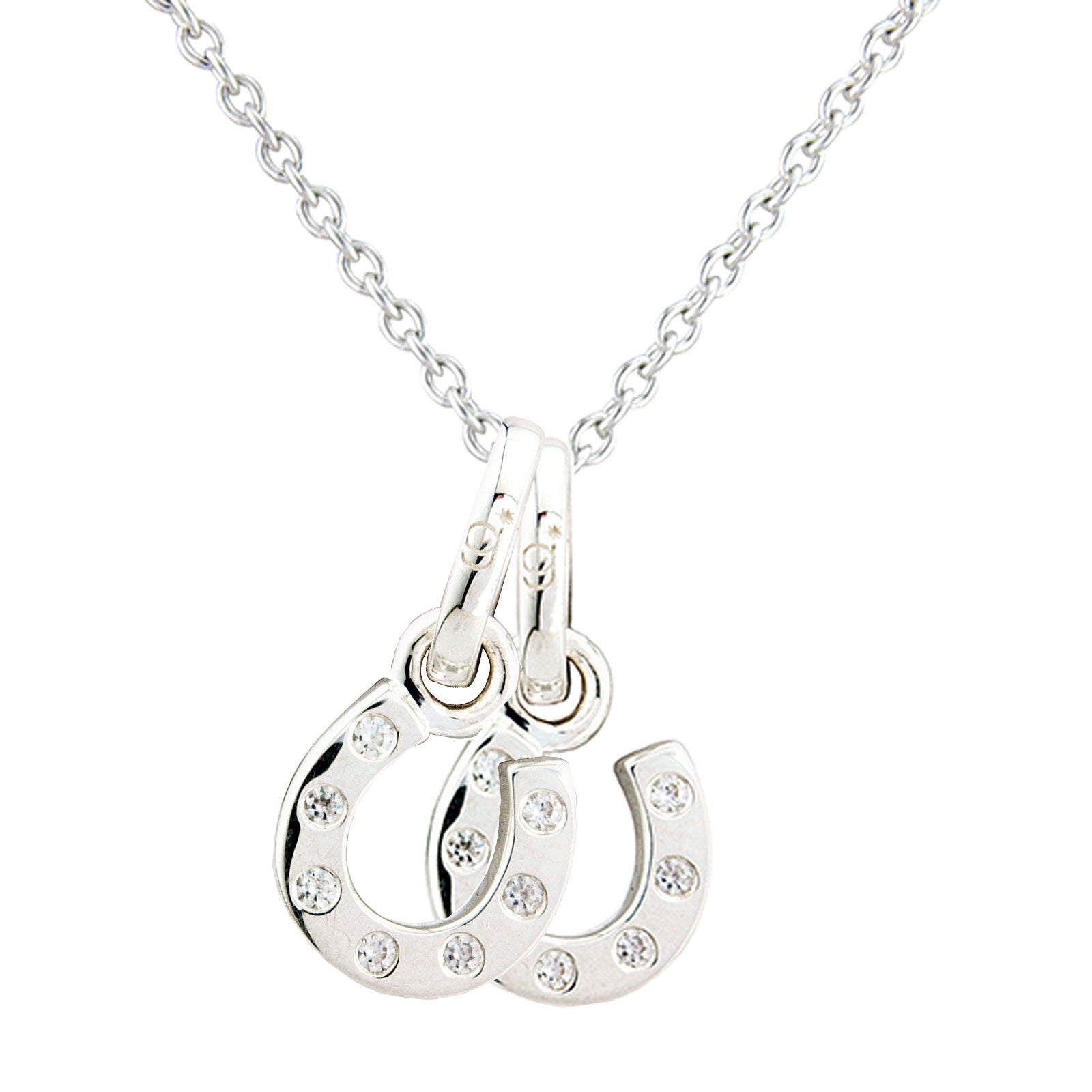 A silver-toned necklace featuring a double-horseshoe pendant embellished with small clear rhinestones, shown against a plain white background.
