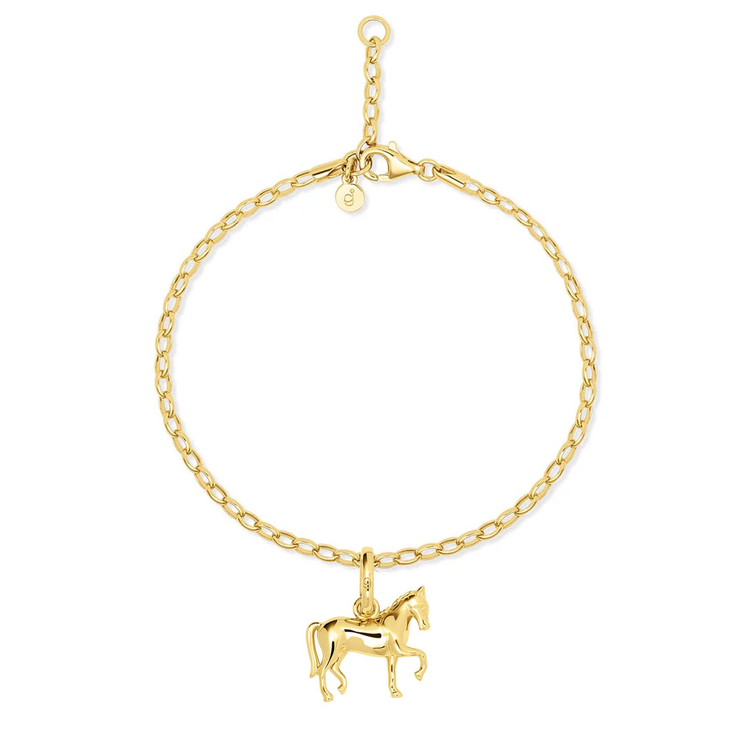 Gold bracelet with a horse charm on a white background
