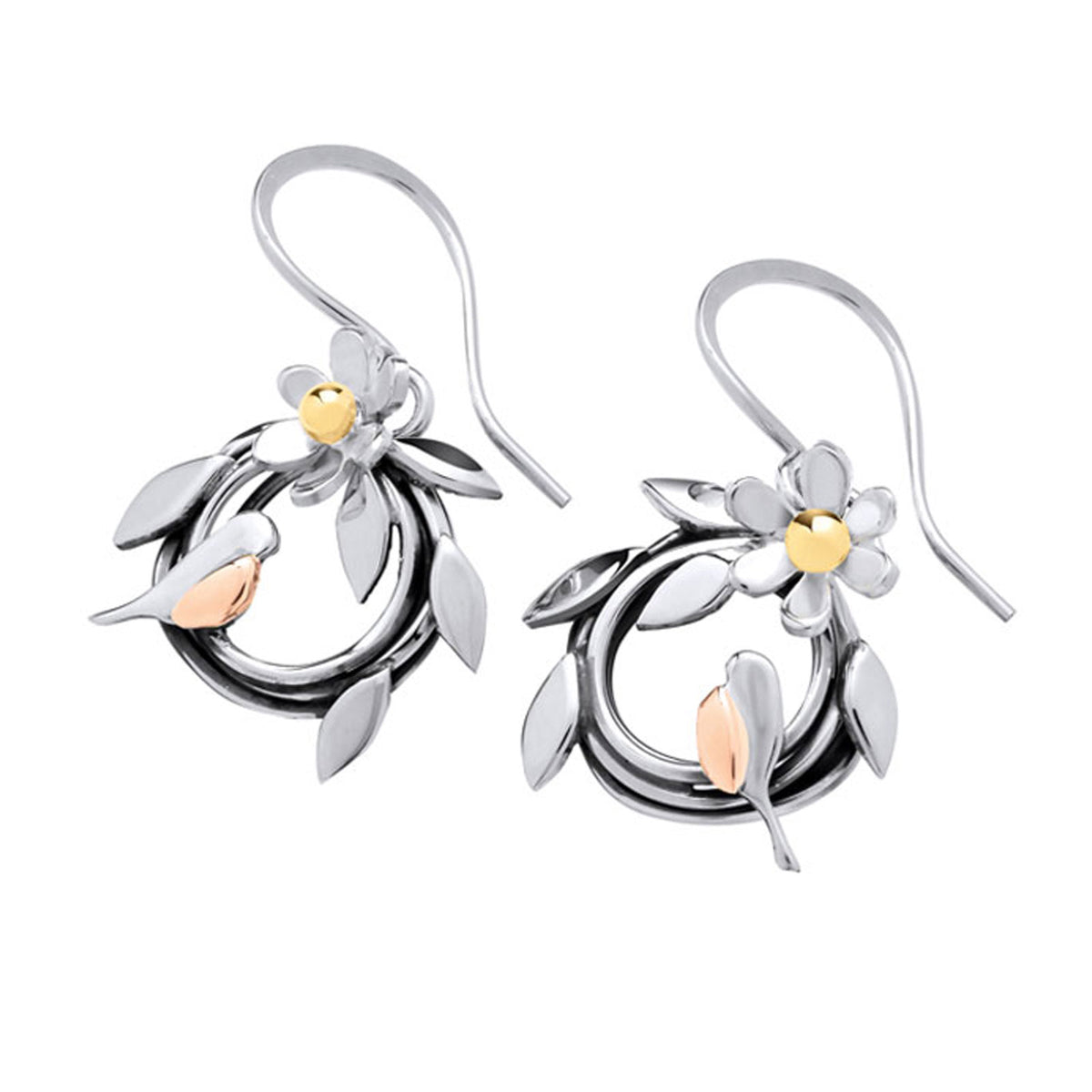 A pair of silver and rose gold dangle earrings featuring a stylized leafy wreath, a small flower, and a bird, shown on a plain white background.