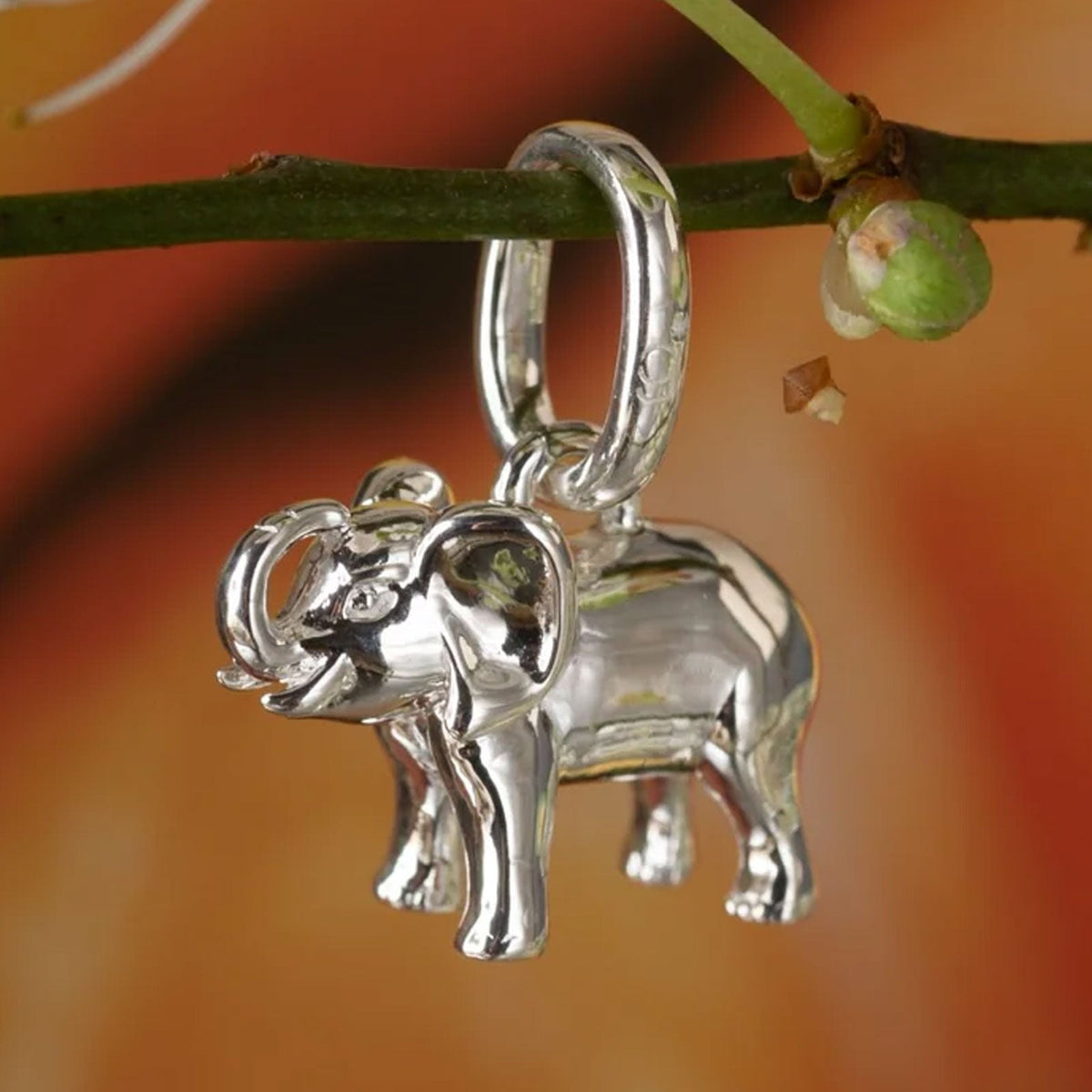 Elephant Recycled Sterling Silver charm on twig with brown background