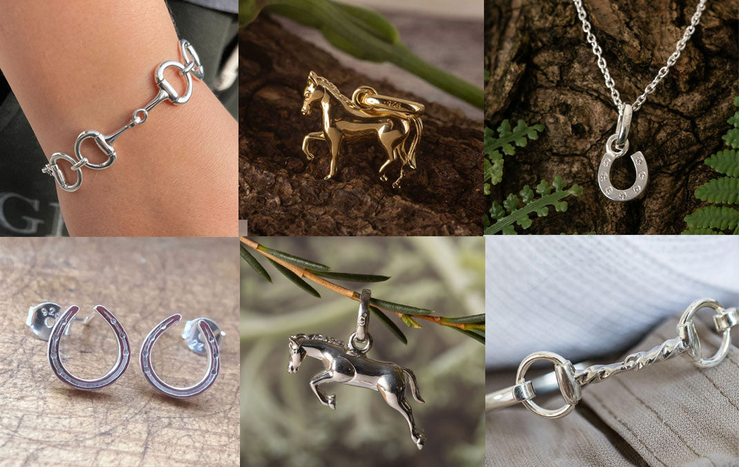 Collage of horse-themed jewellery collections, including bracelets, necklaces, and earrings on a natural background.