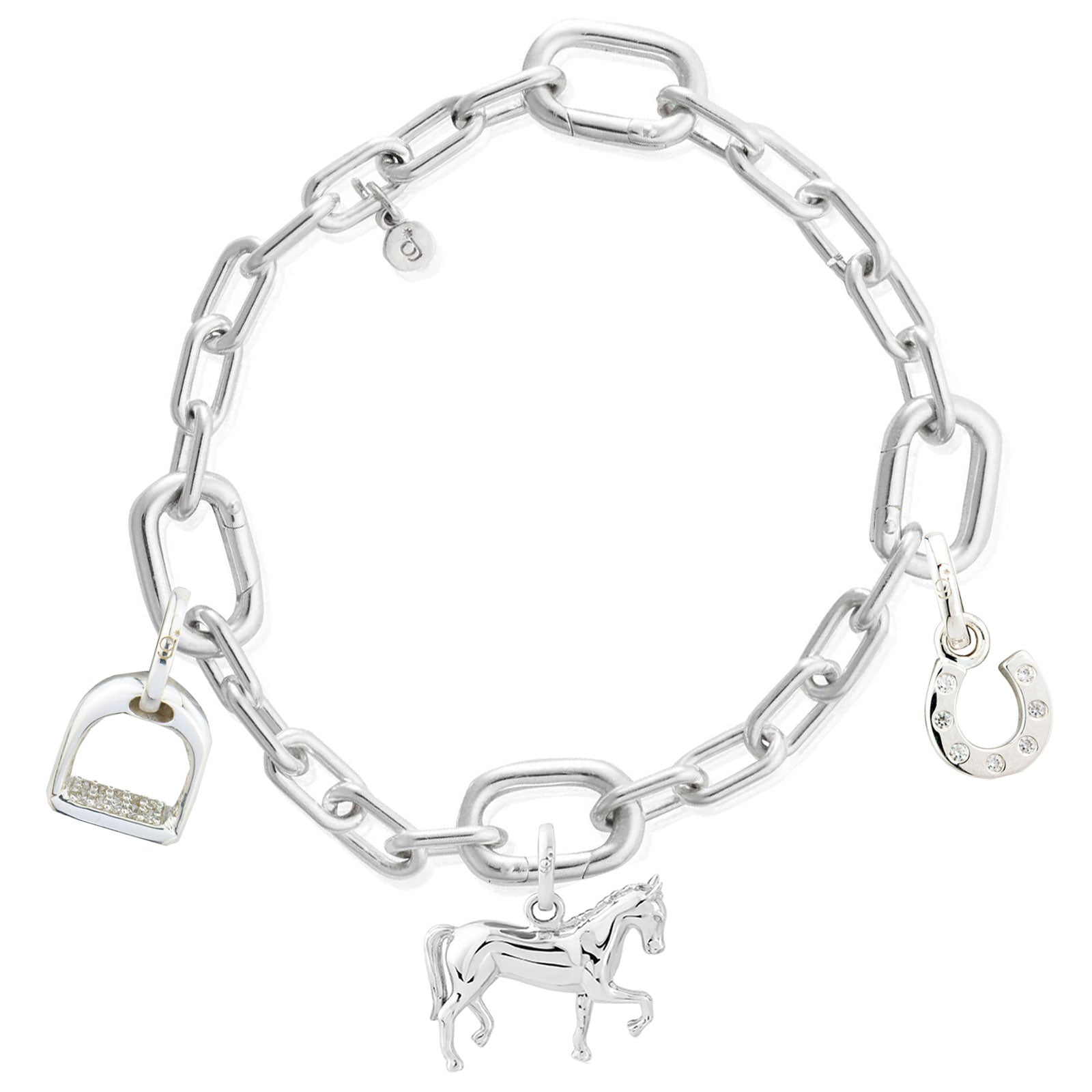 Silver chain bracelet with horse charms on a white background