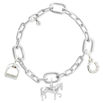 Silver chain bracelet with horse charms on a white background