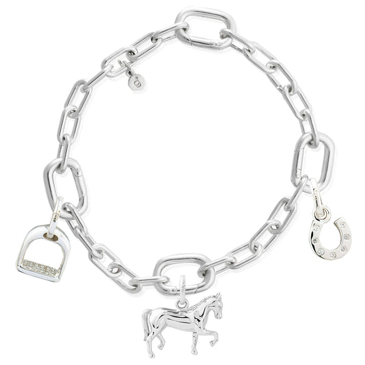 Silver chain bracelet with horse charms on a white background