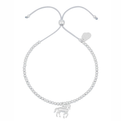 Silver bracelet with a horse charm on a white background