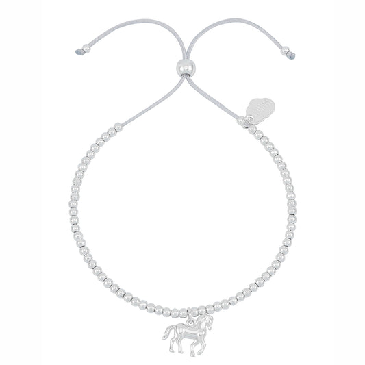 Silver bracelet with a horse charm on a white background
