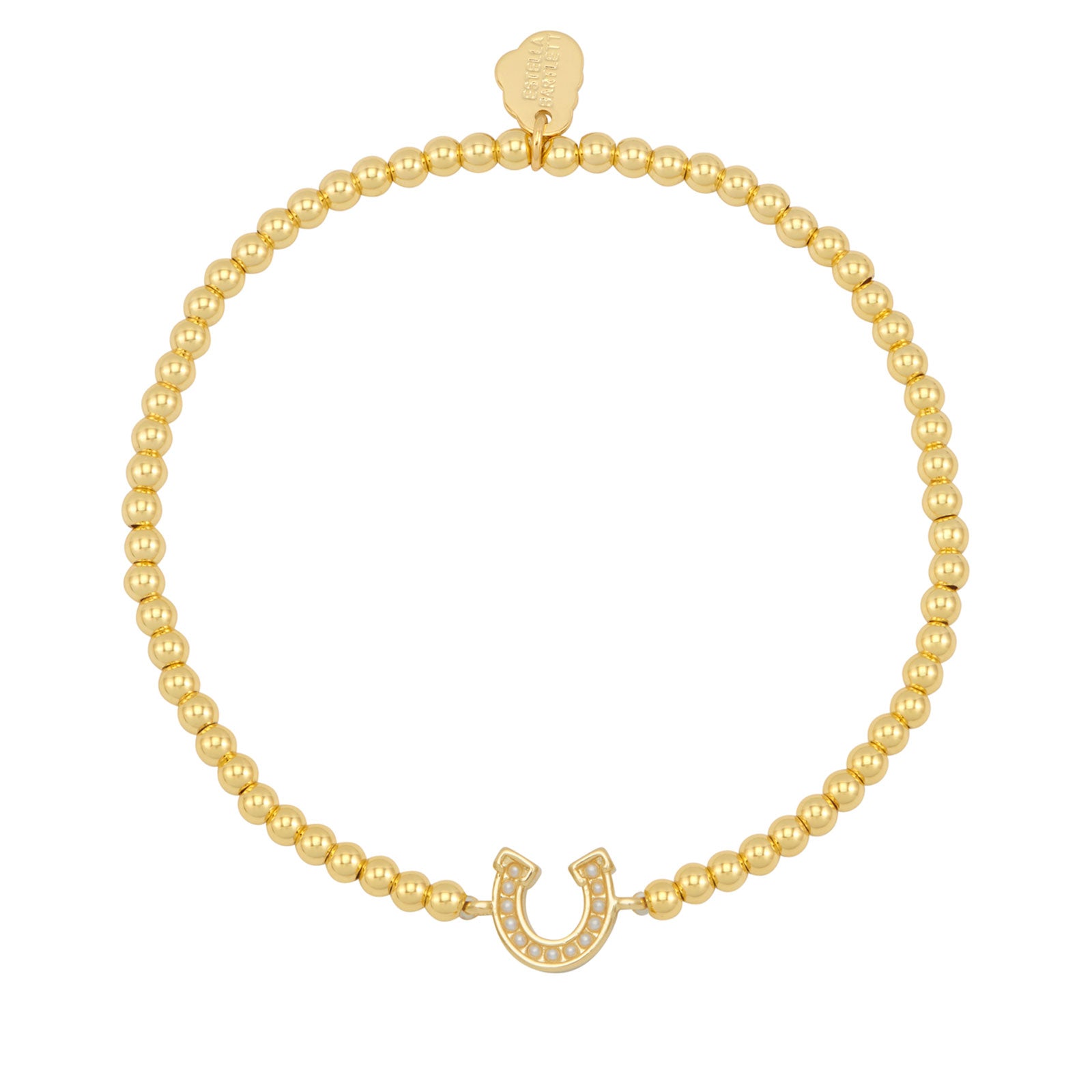 Gold bead bracelet with a horseshoe on a white background