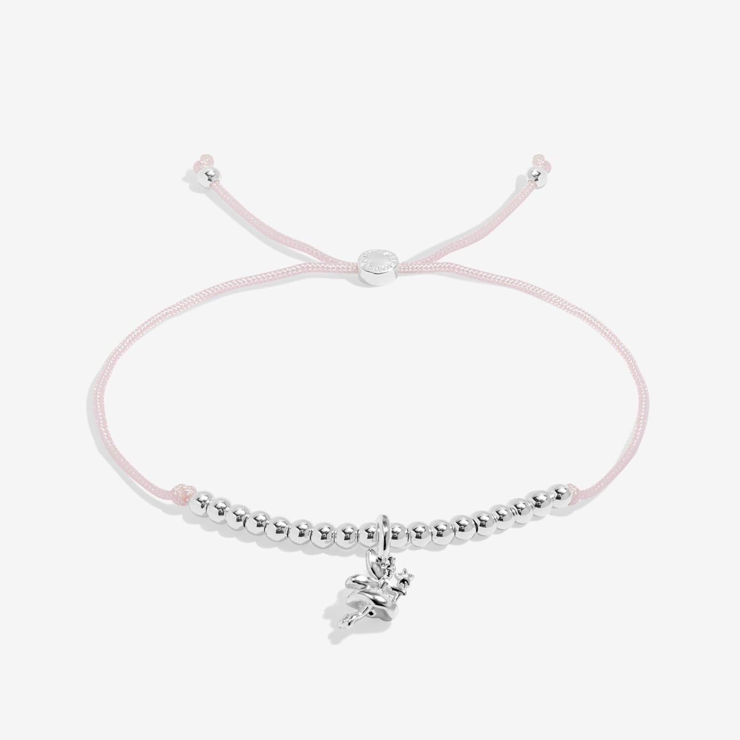 Silver bracelet with a pink cord on a white background