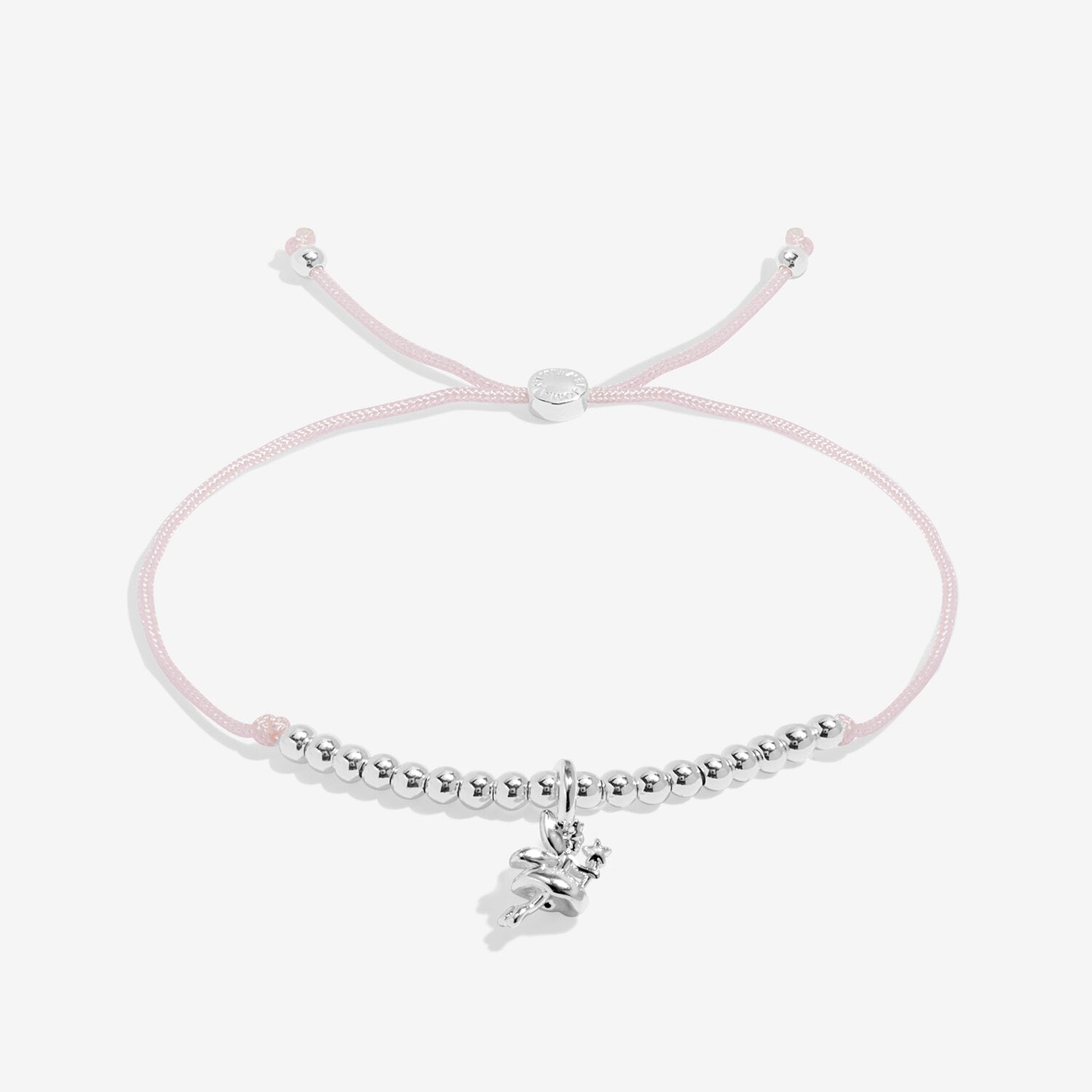 Silver bracelet with a pink cord on a white background