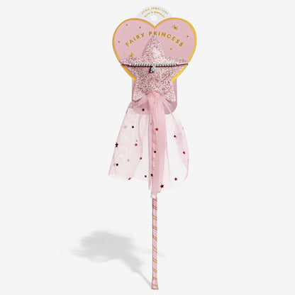 Fairy princess wand with heart-shaped hat and pink ribbon on a white background