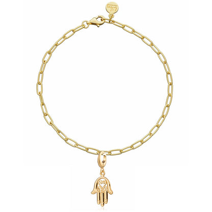 Gold chain bracelet with a hamsa hand charm on a white background