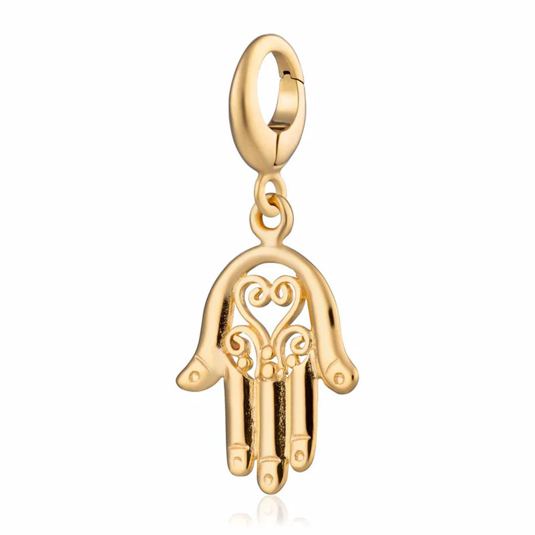 Gold Hamsa hand charm on a white background