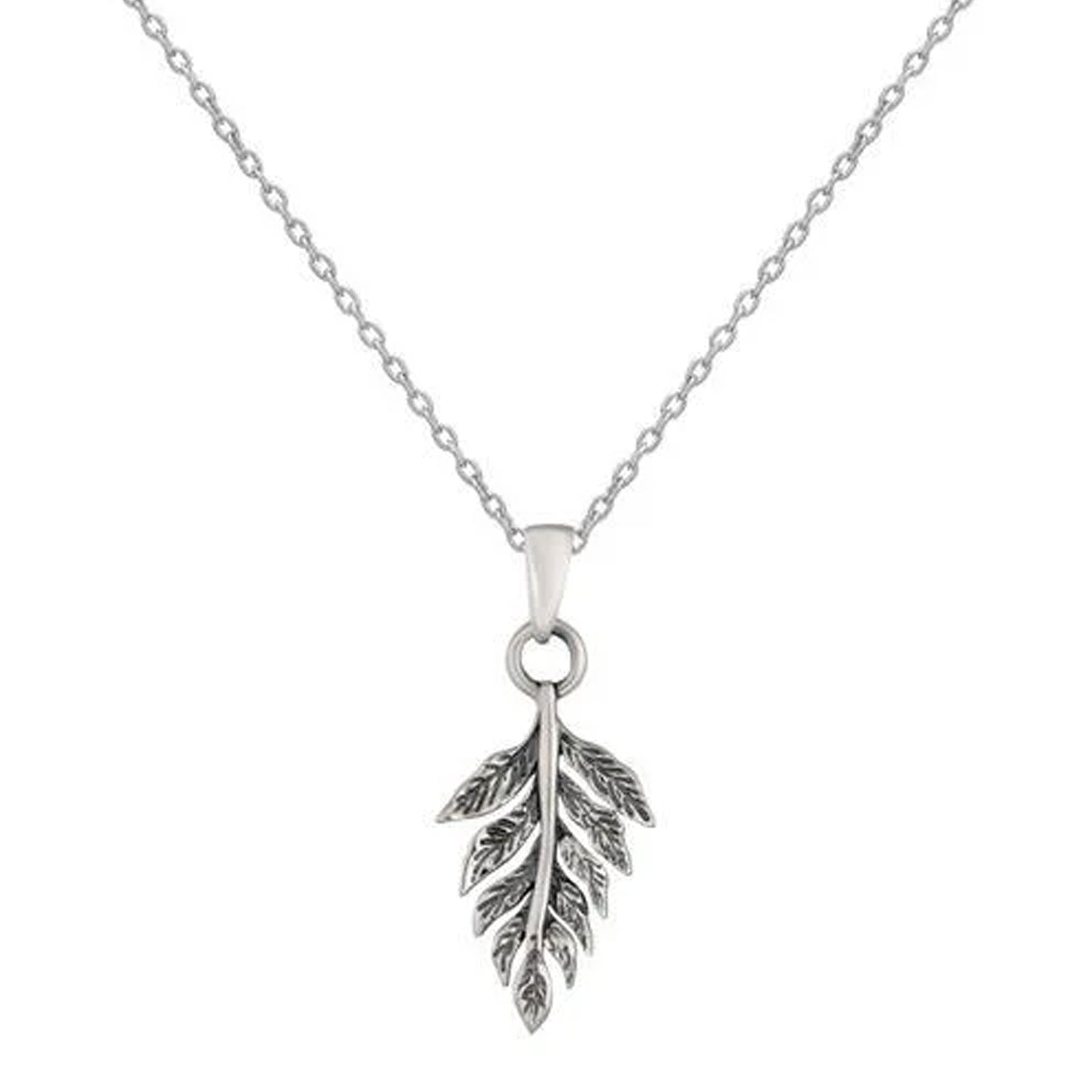 Silver leaf pendant necklace on a white background