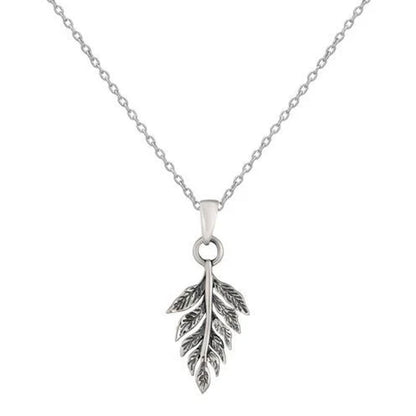 Silver leaf pendant necklace on a white background
