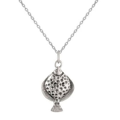 Silver necklace with a textured pendant on a white background