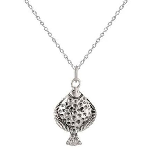 Silver necklace with a textured pendant on a white background