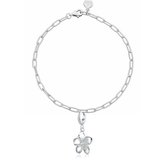 Silver chain bracelet with a flower-shaped charm on a white background