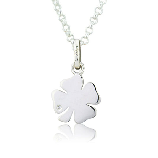 Silver four-leaf clover pendant necklace on a white background