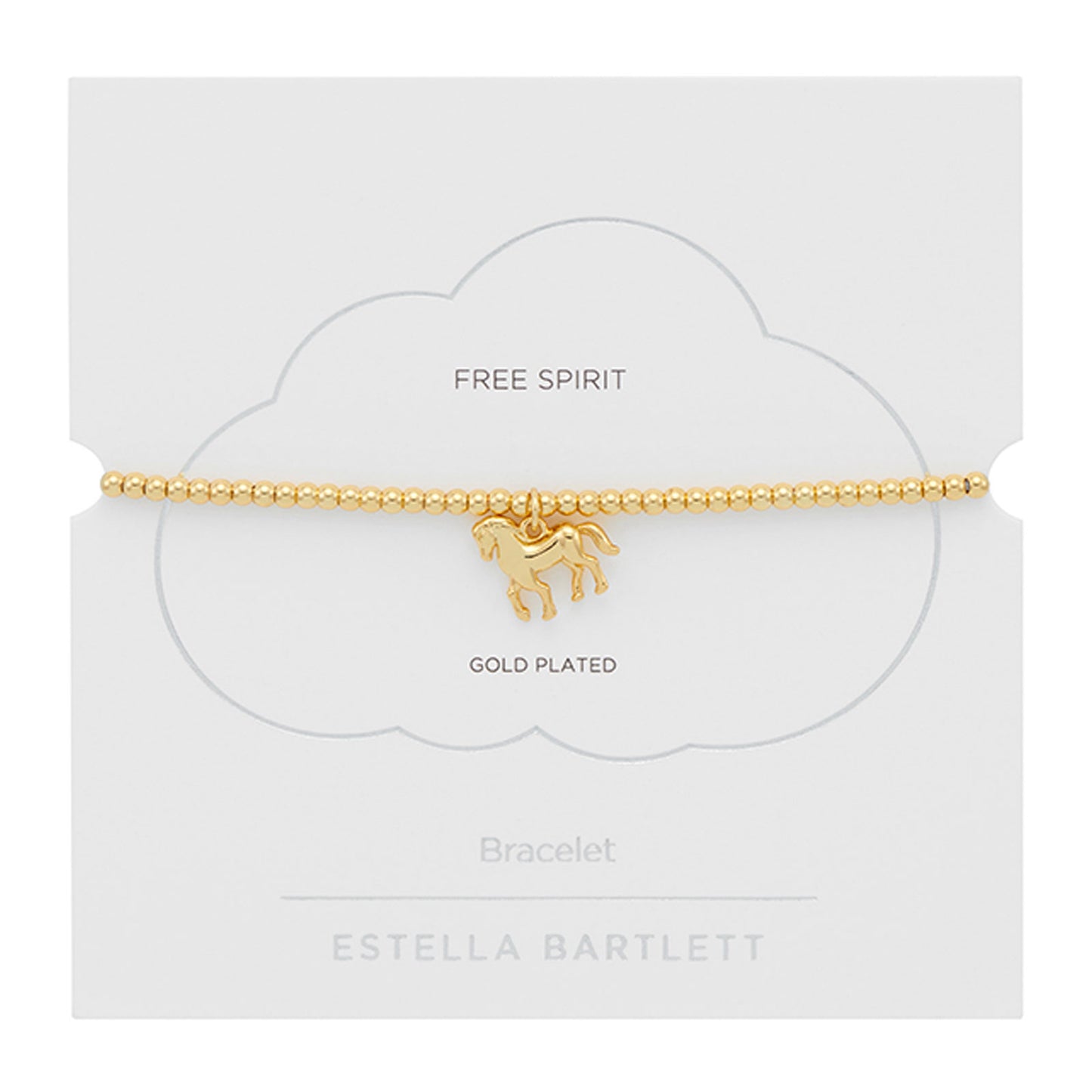 Gold-plated bracelet with a horse charm on a white card with 'Estella Bartlett' branding.