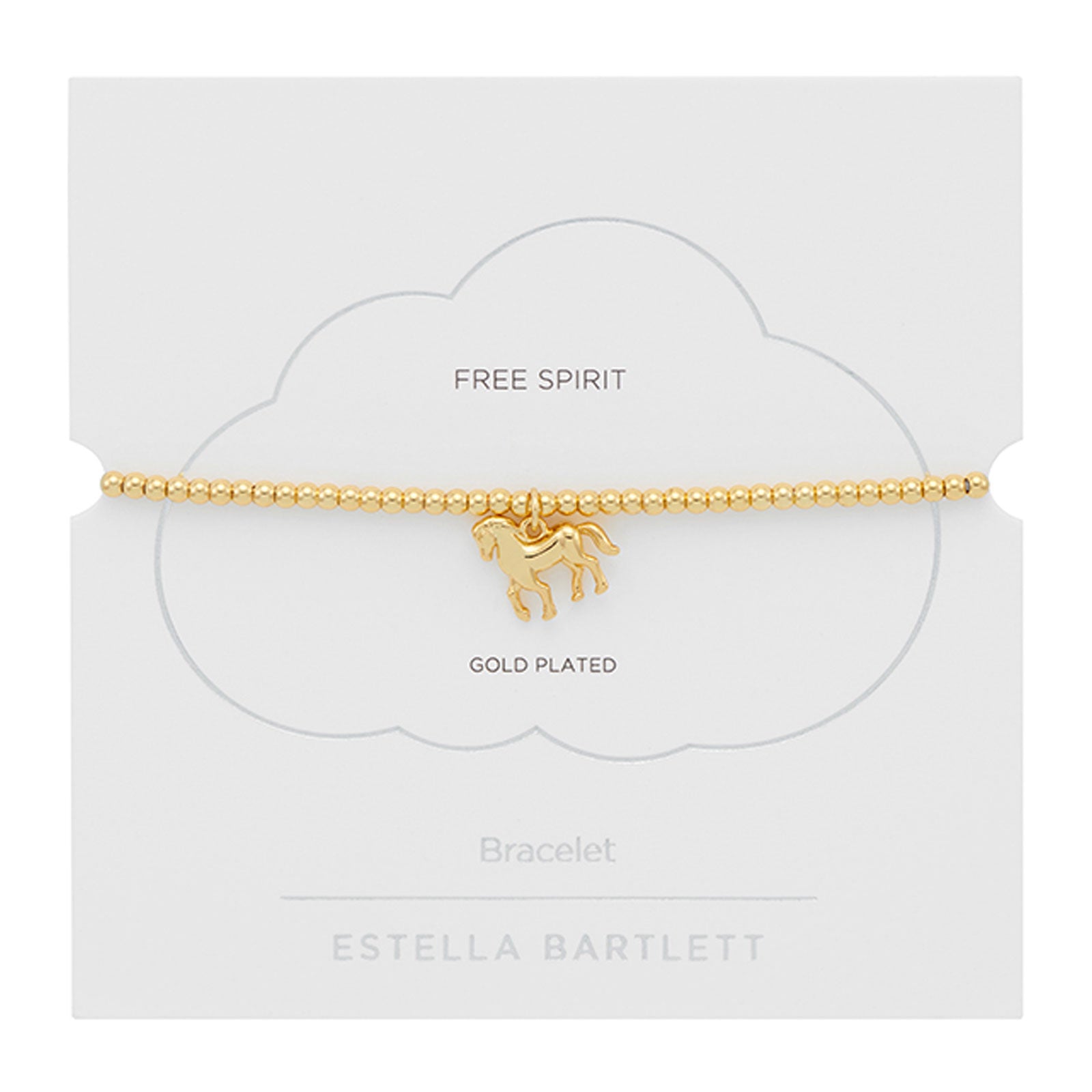 Gold-plated bracelet with a horse charm on a white card with 'Estella Bartlett' branding.