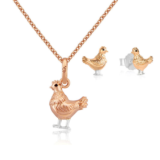 chicken necklace and earrings on white background